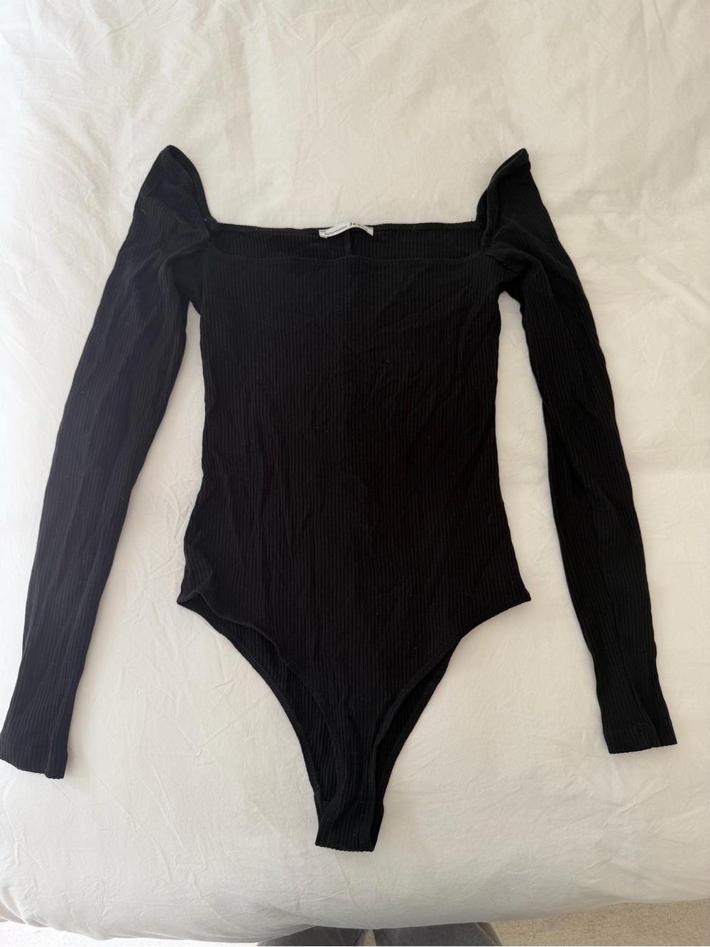 Reformation Black Ribbed Long-Sleeve Square Neck Bodysuit